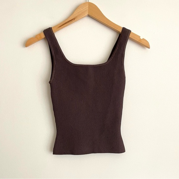Aritzia Babaton Sculpt Knit Squareneck Ribbed Long Tank in Rich Mocha Brown - Picture 4 of 10